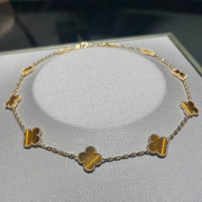 虎眼石金色四叶草十花项链